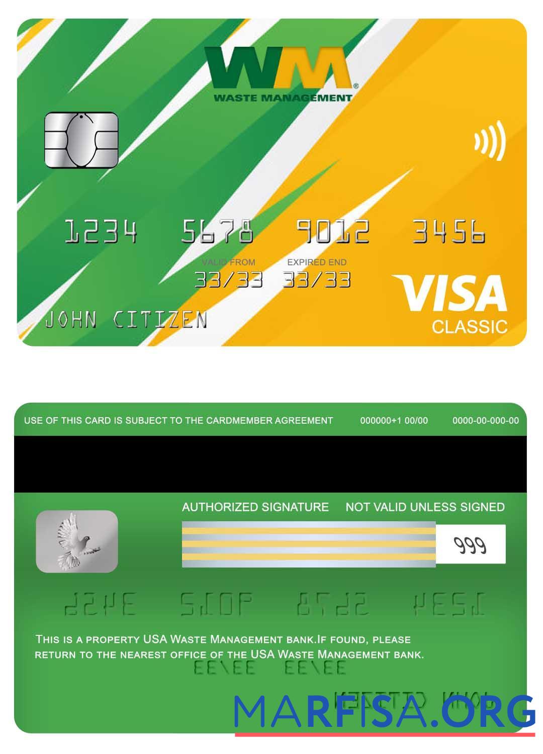 Printable USA Waste Management bank visa classic card template